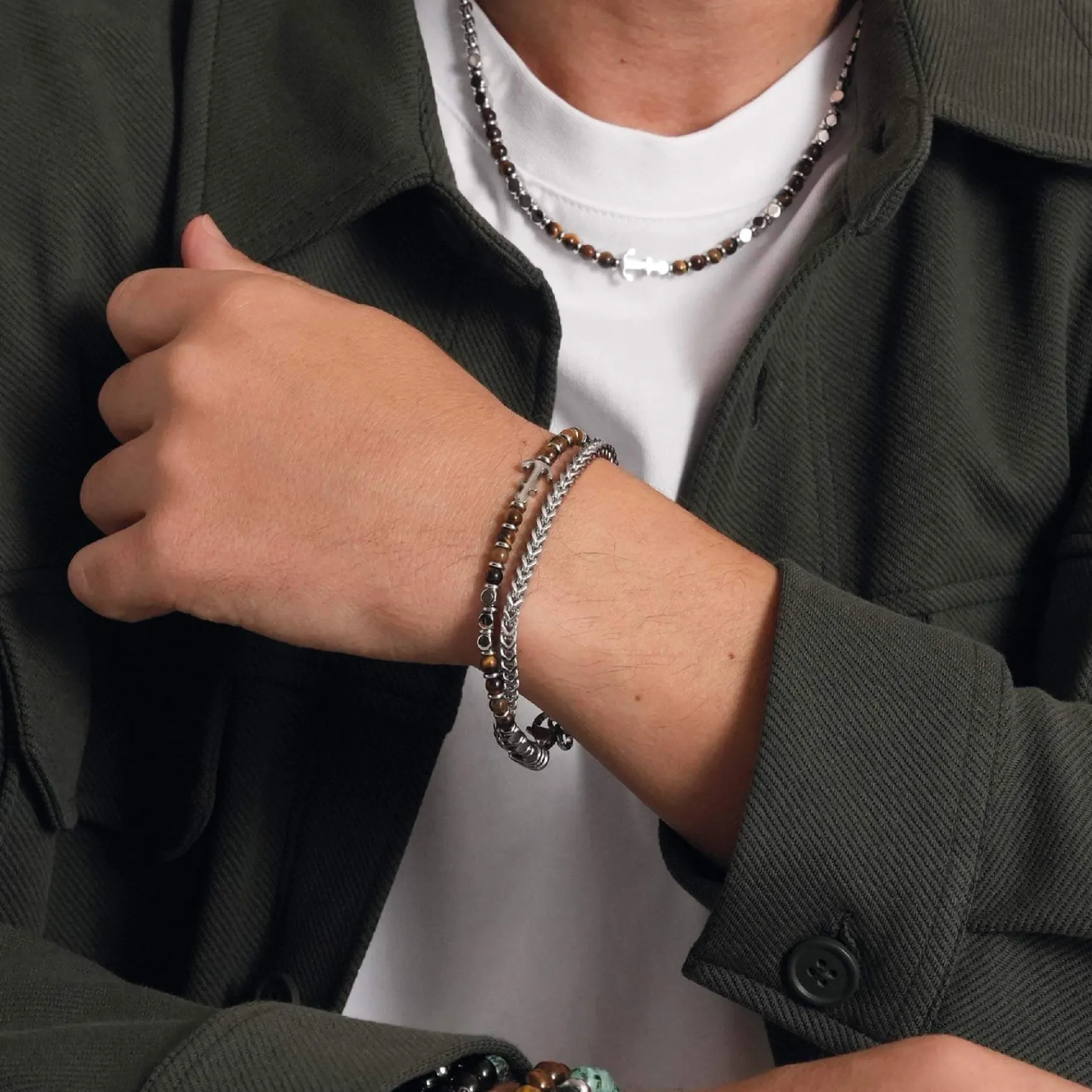 Homme Luzaka Bracelets<Bracelet Navy acier et pierres œil de tigre