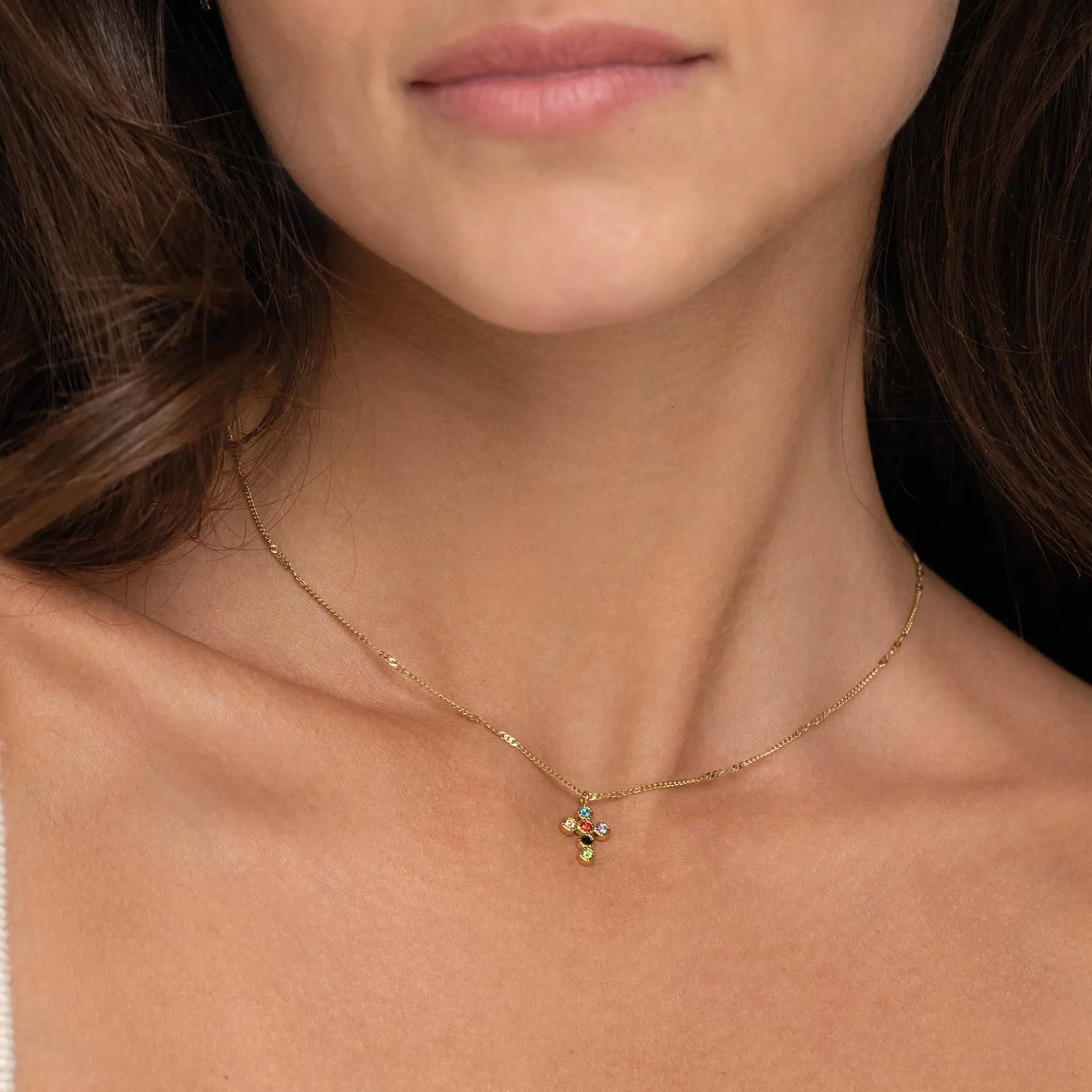 Femme Luzaka Colliers<Collier Croix zircons multicolores acier doré or