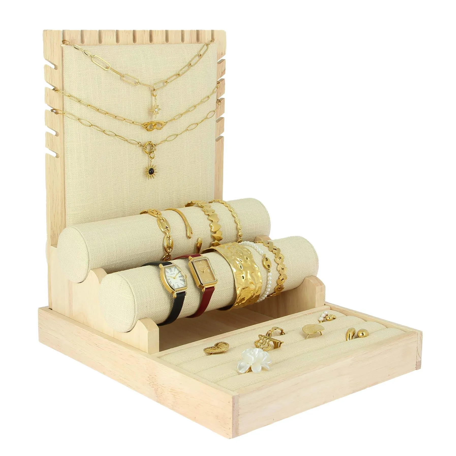 Luzaka Accessoires<Présentoir lin et bois 3 niveaux bagues bracelets colliers