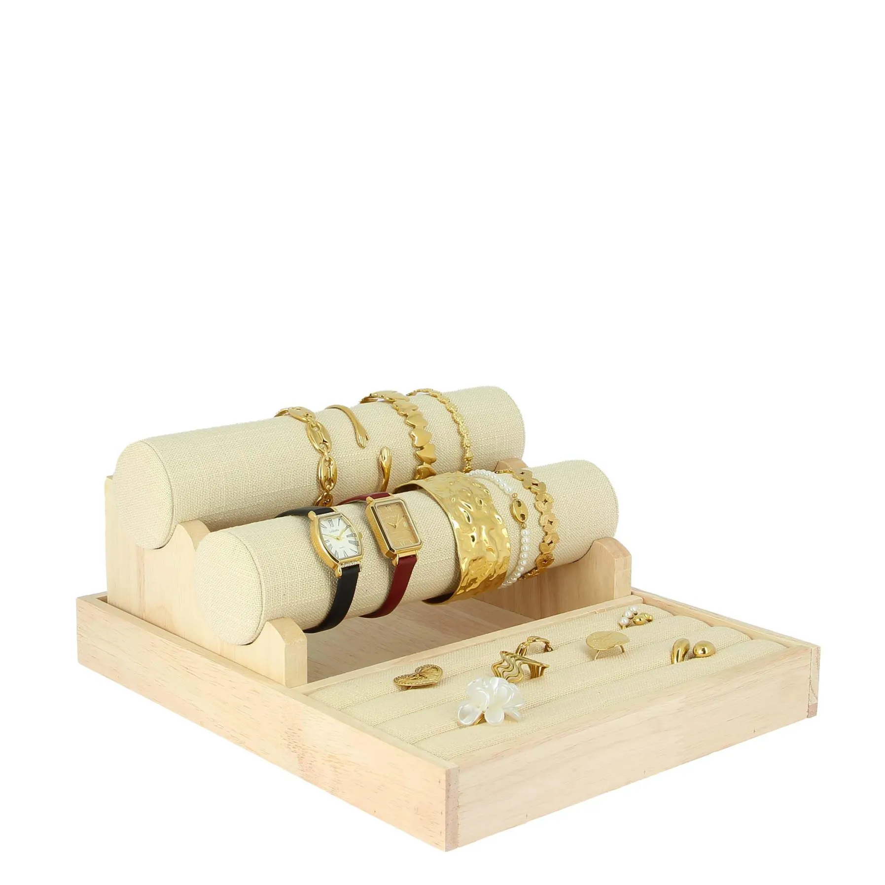 Luzaka Accessoires<Présentoir lin et bois 3 niveaux bagues bracelets colliers