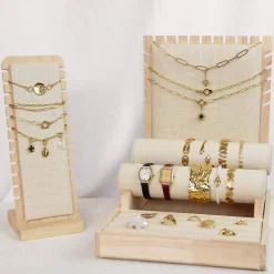 Luzaka Accessoires<Présentoir lin et bois 3 niveaux bagues bracelets colliers