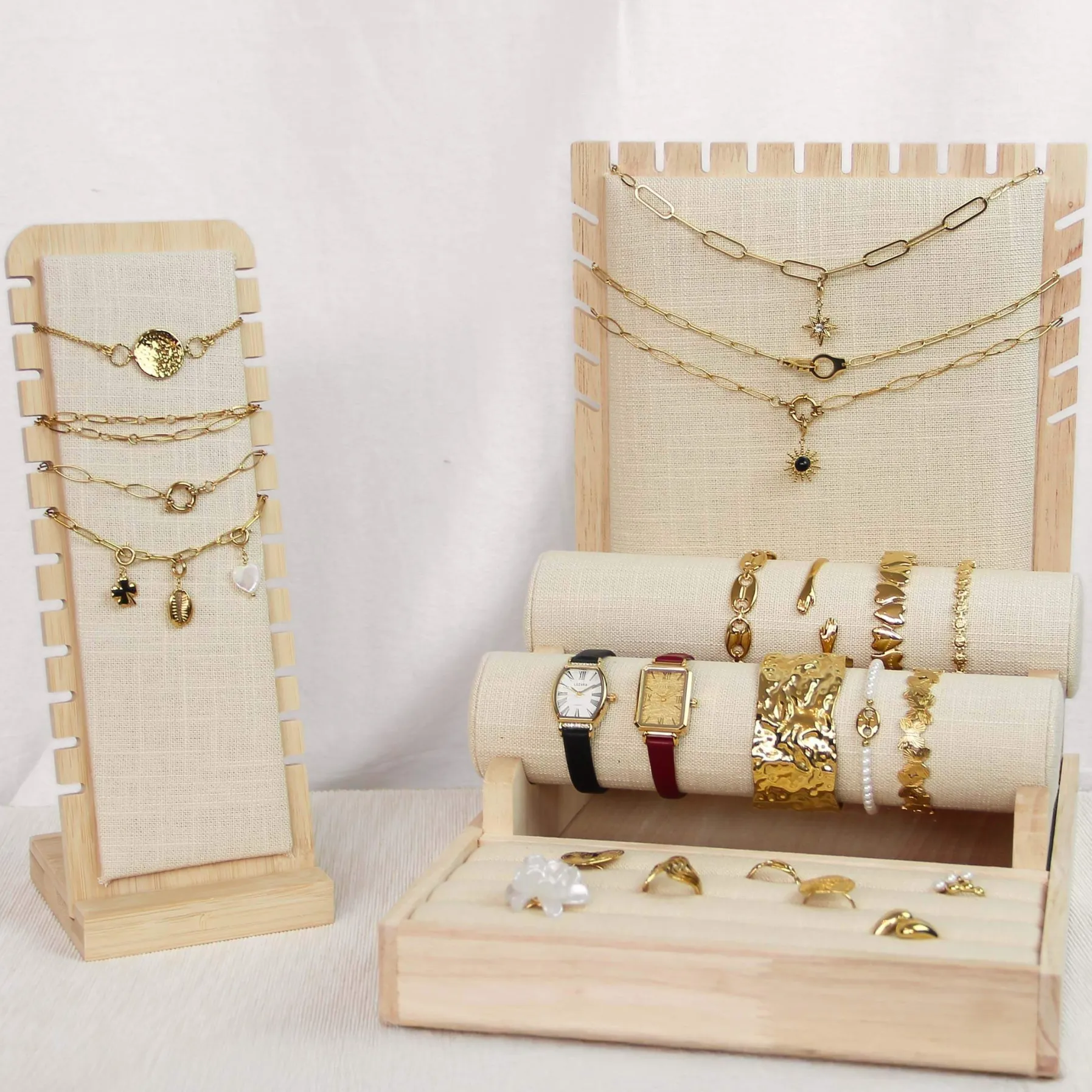 Luzaka Accessoires<Présentoir lin et bois 3 niveaux bagues bracelets colliers